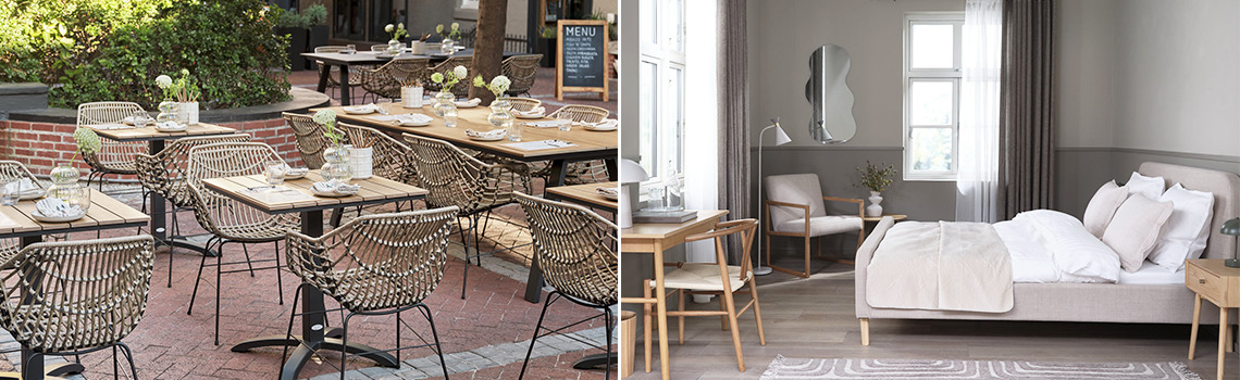 JYSK BUSINESS TO BUSINESS - für alle Unternehmen Ein Essbereich im Freien in einem Restaurant und ein mit JYSK-Möbeln ausgestattetes Schlafzimmer nebeneinander